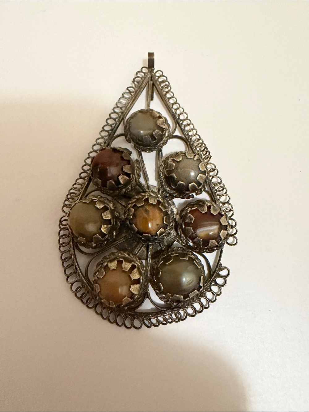 Vintage Artisan Crafted Metal Pendant Tear Drop Shape With Stones